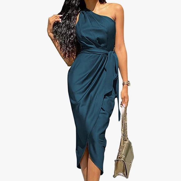 Bodycon One Shoulder Satin Teal Dress M NWT - Picture 2 of 6